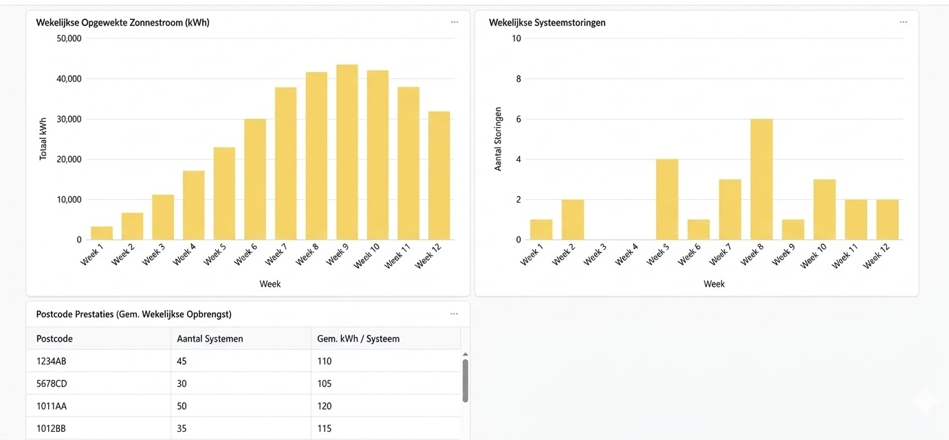Metabase dashboard met zonnepaneel-analytics: wekelijkse opgewekte zonnestroom, systeemverstoringen en postcodeprestaties